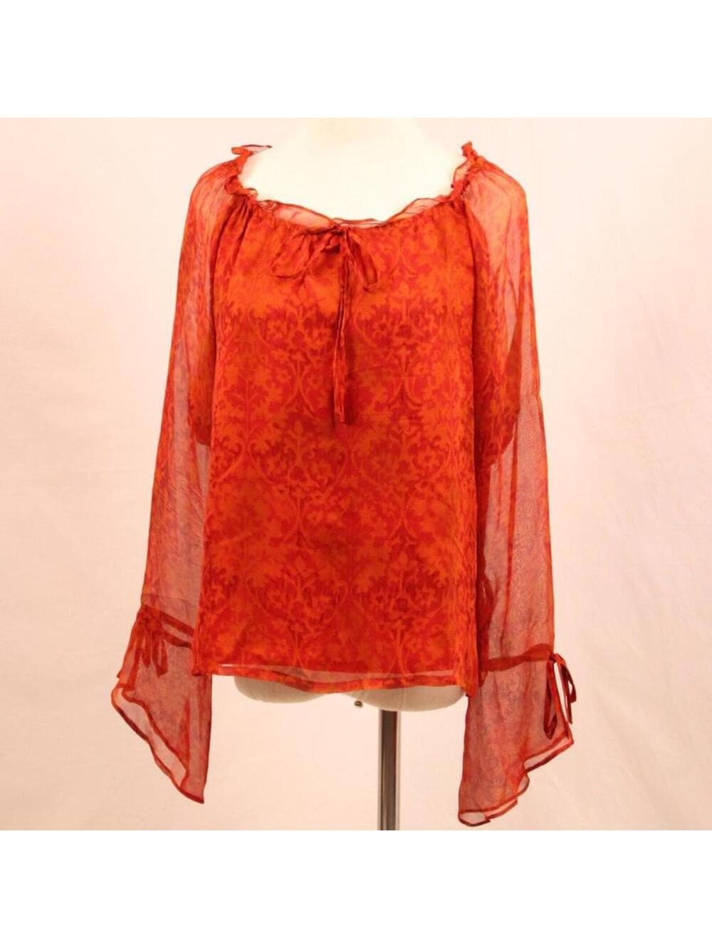 Vintage 90s 100% Silk Chiffon Red Orange Flowy Blouse Medium NYC Design Co